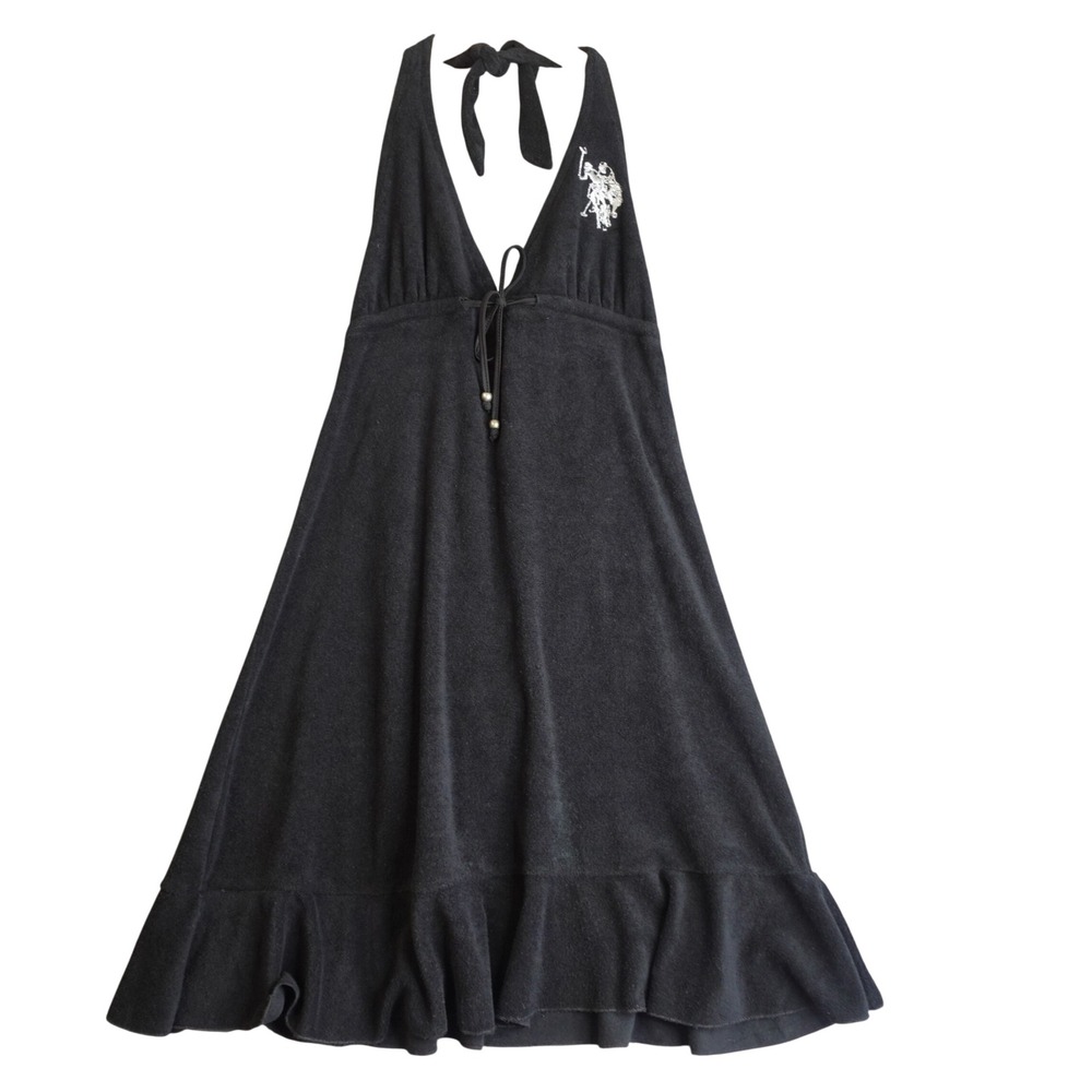 Y2K U.S. Polo Assn Terry Cloth Halter Dress Womens M Black Ruffle Coastal Preppy